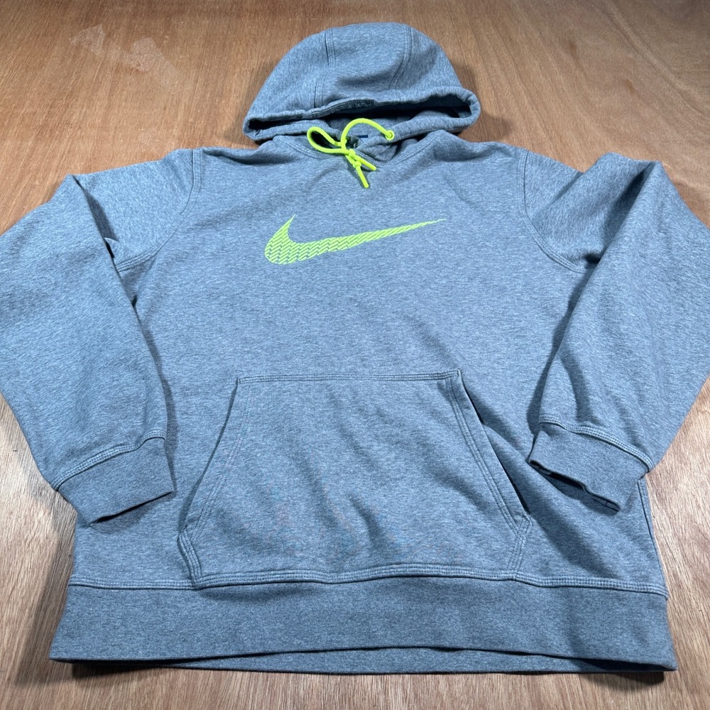 Nike Hoodie Mens Large Gray Pullover Neon Green Swoosh Fleece Gym